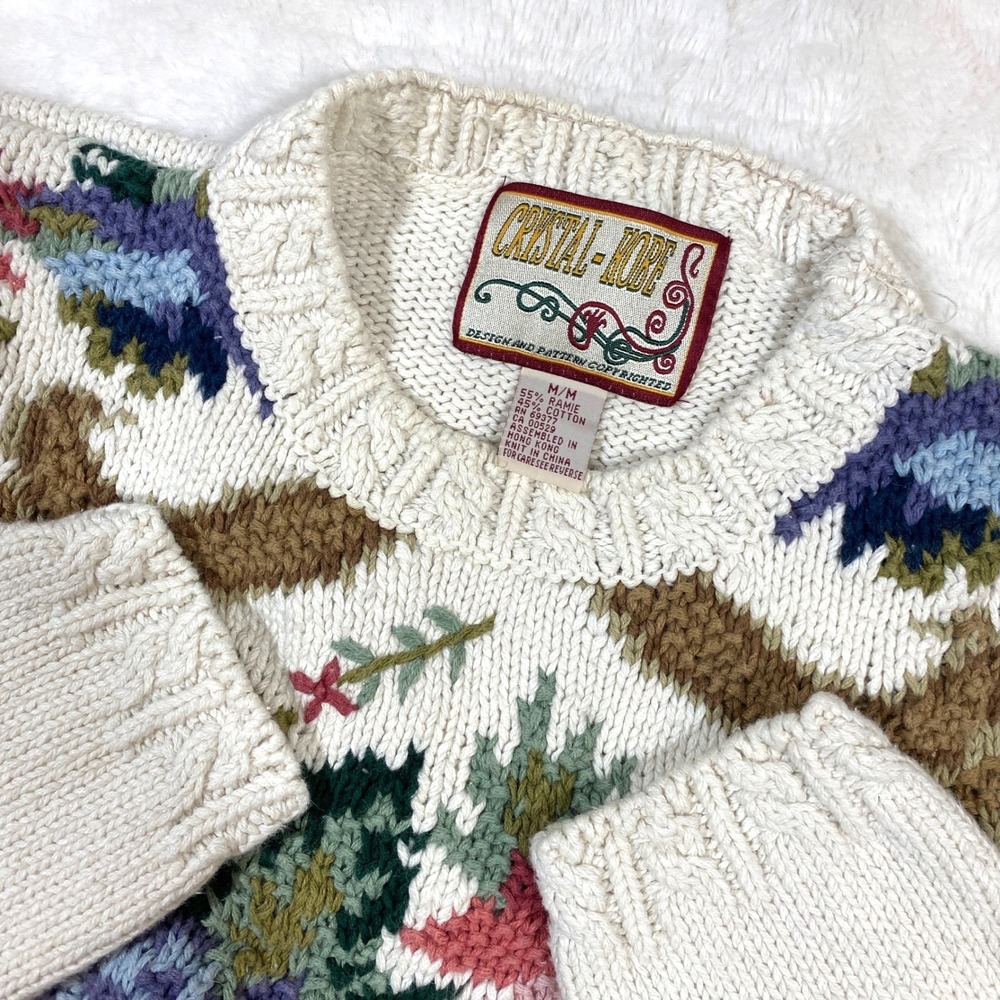 Cristal Hobe Floral Embroidered Knit Sweater Ramie Mix Cottagecore Grandmacore M